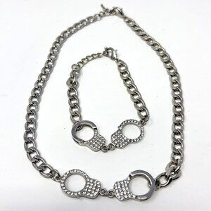 Unisex Handcuff Bracelet & Necklace with Clear Stones & Silver Tone Chain Jewel